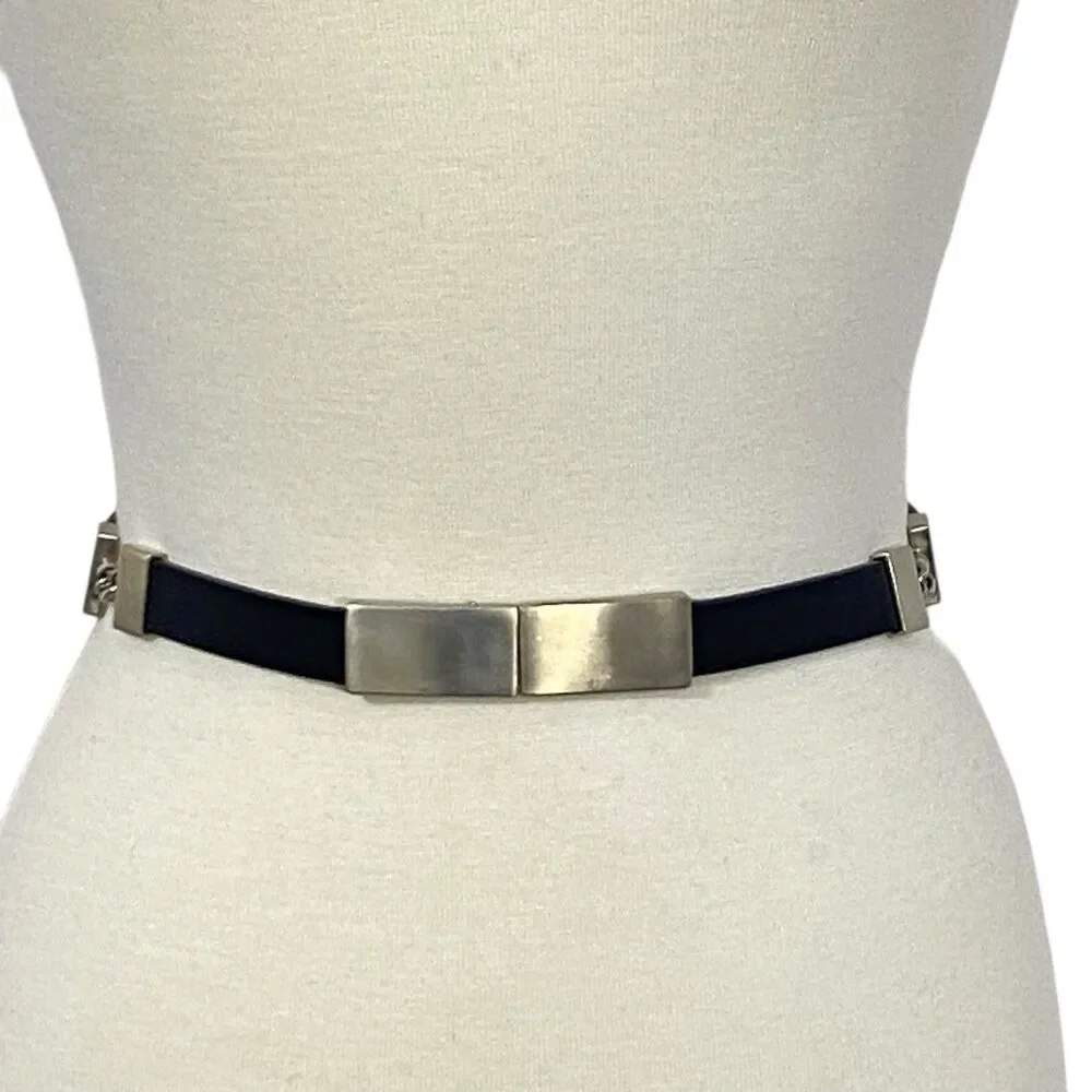 Vtg st john Black leather Silver Tone Buckle LARGE Narrow classic Careercore
